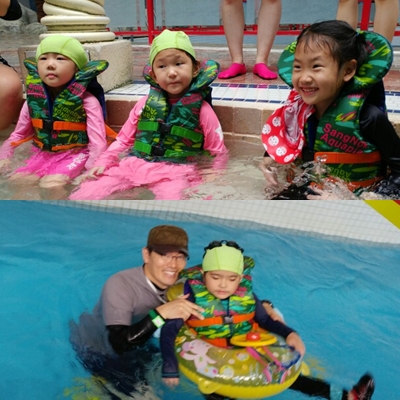 따뜻한 물에 앉아있는 여자아이들, 선생님과 유수풀을 타고 있는 아이
