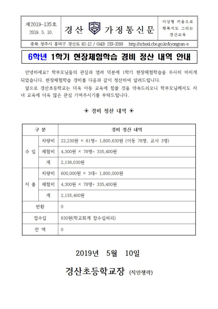 2019학년도 1학기 현장체험학습비 정산 내역 안내장004