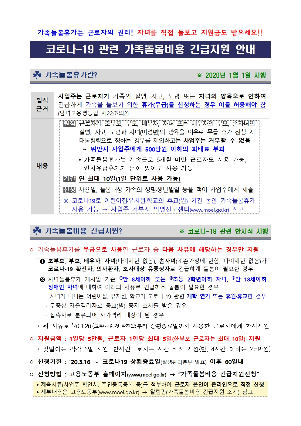 가족돌봄비용 긴급지원 안내문