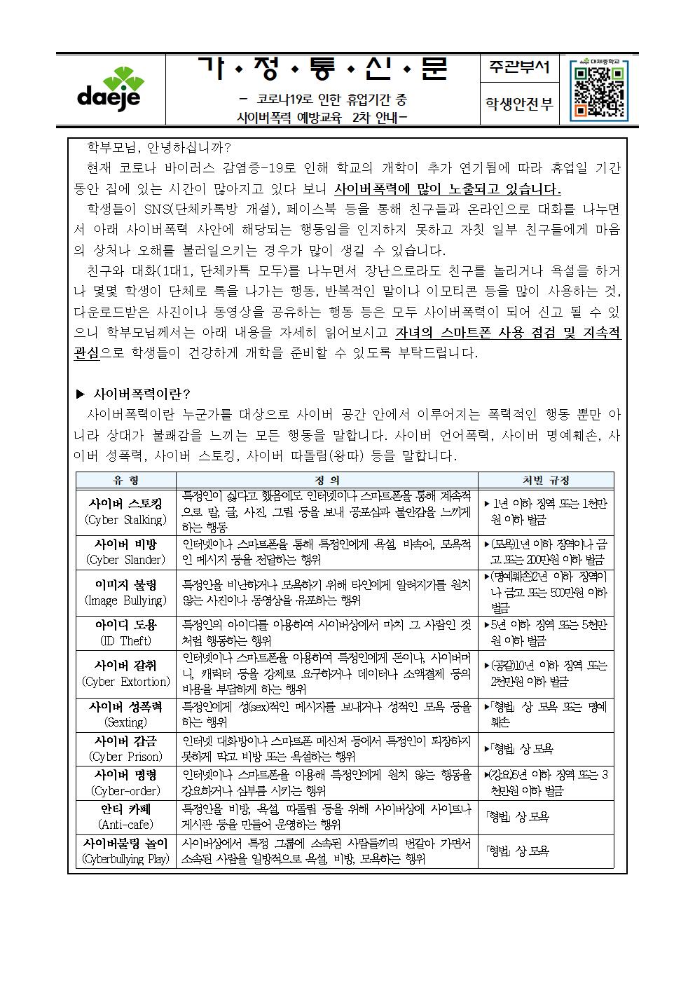 사이버 폭력 예방 안내 2차 가정통신문001