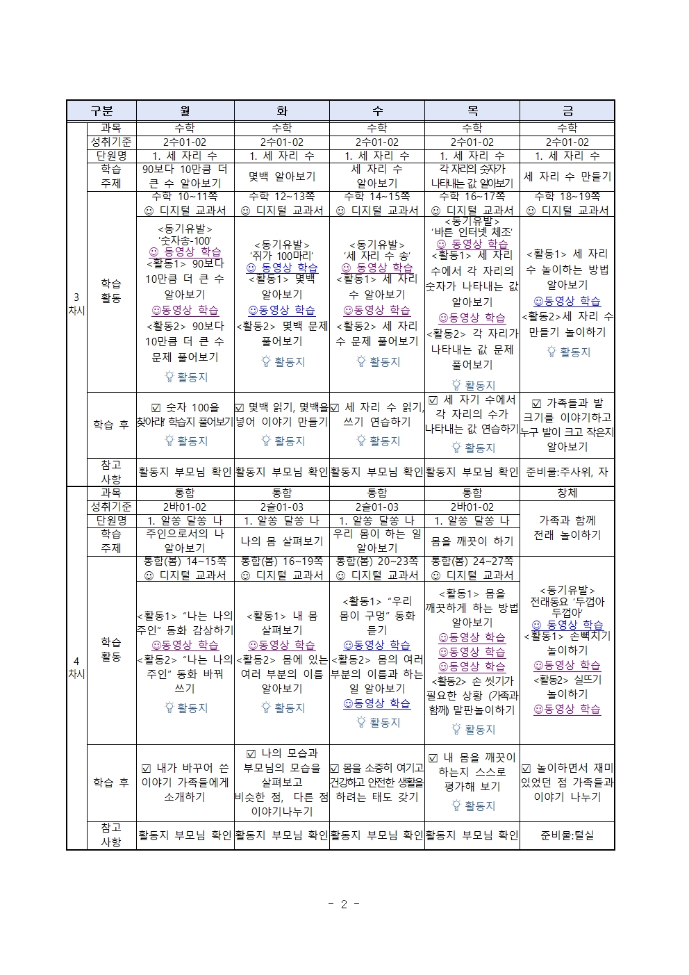 2학년 주간학습 안내002