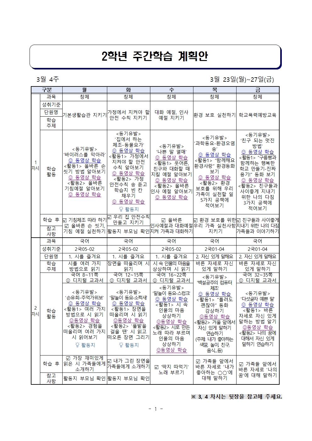 2학년 주간학습 안내001