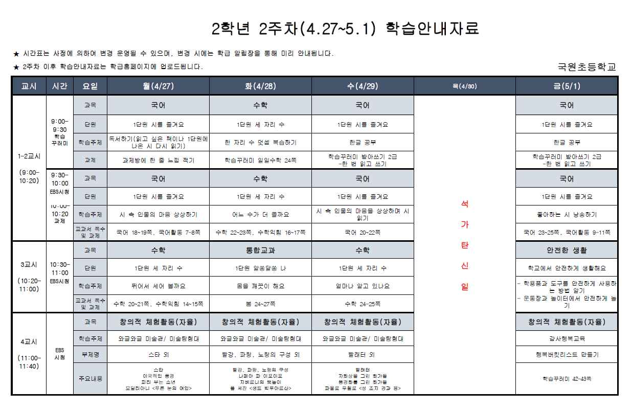 2학년 학습내용_ 2주차(4.27-5.1)