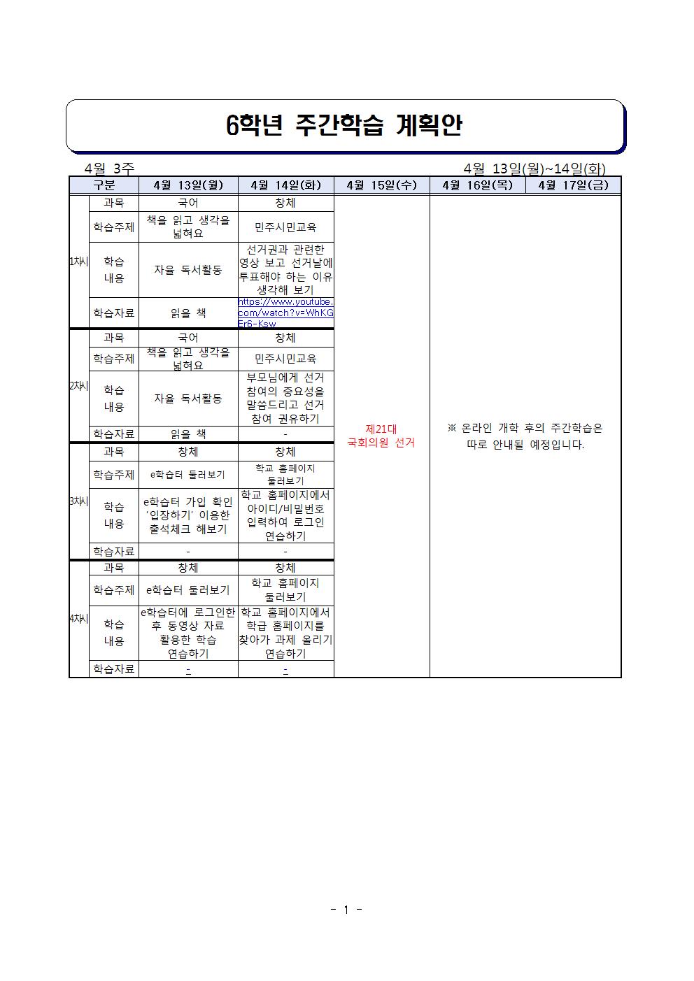 주간학습 계획안(6학년)4월 셋째주001