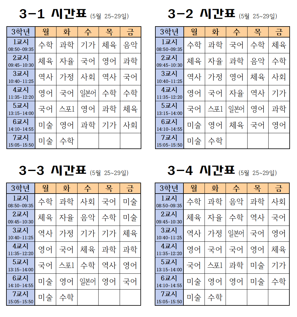 2020. 1학기 13학년 온라인시간표(5월 25~29일)