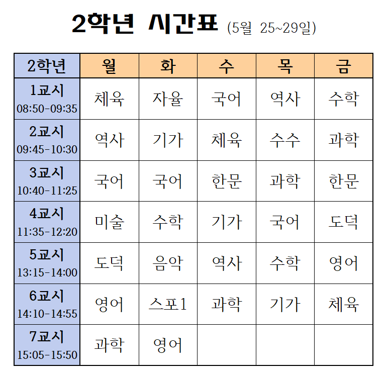 2020. 1학기 2학년 온라인시간표(5월 25~29일)