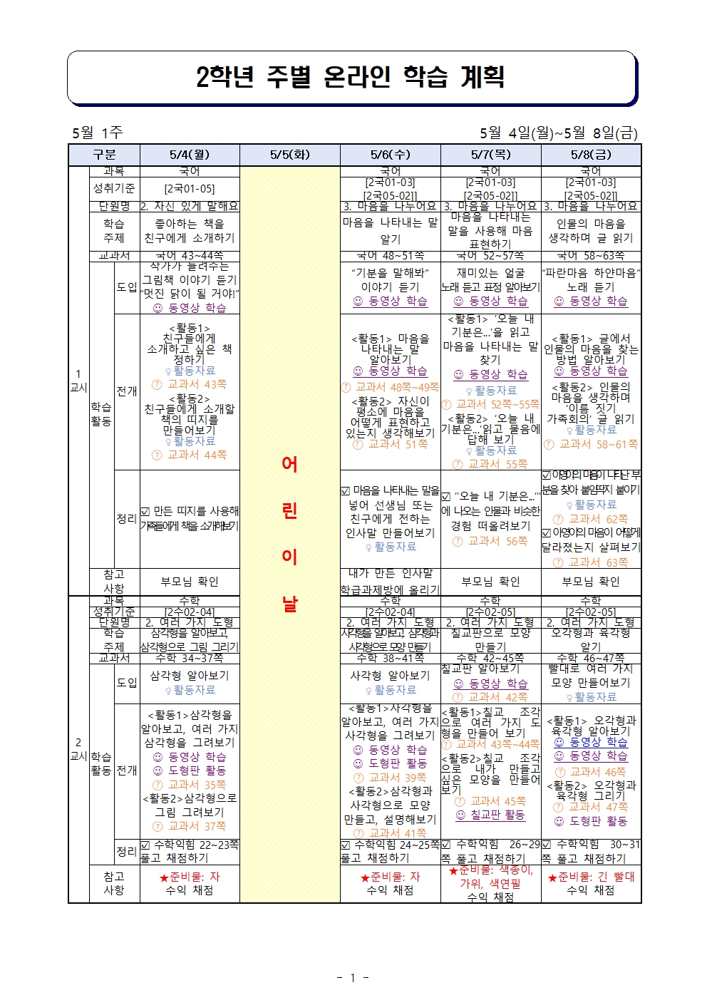 주별 온라인 학습 계획(2학년)_5월4일~5월8일001