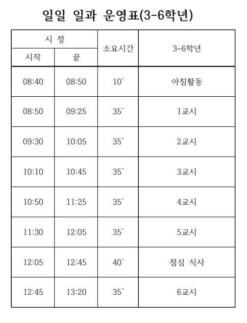 변경된 일과 운영표