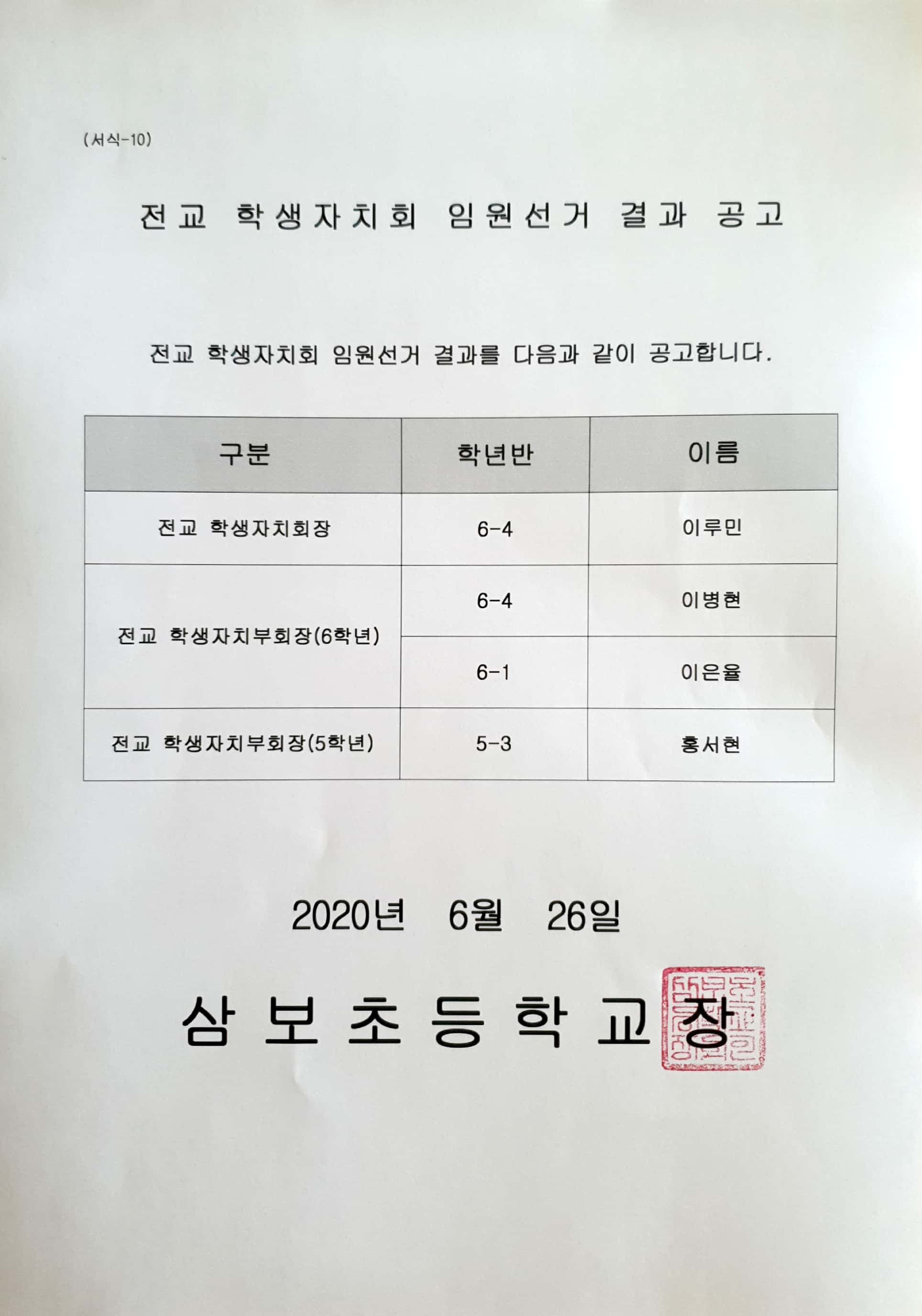 (서식-10)전교 학생자치회 임원선거 결과 공고