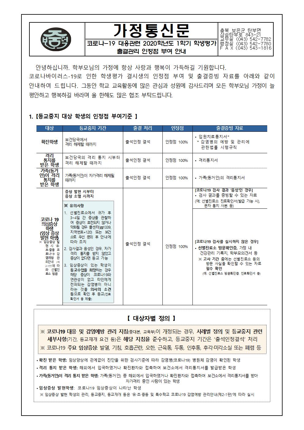 2020. 1학기 코로나-19 대응관련 학생평가 인정점 부여 안내 가정통신문001