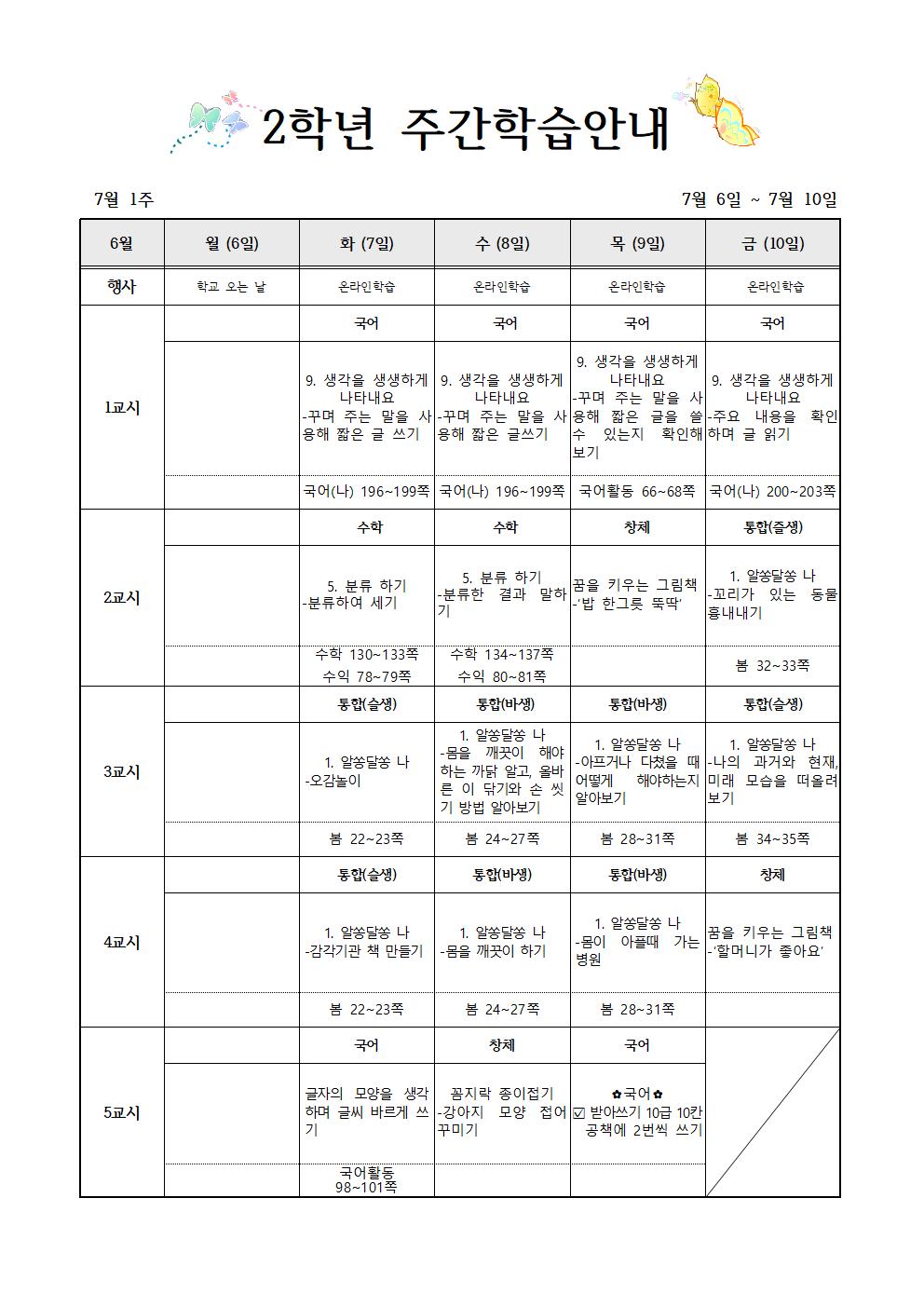 7월6일-7월10일 주간학습계획(2학년)001