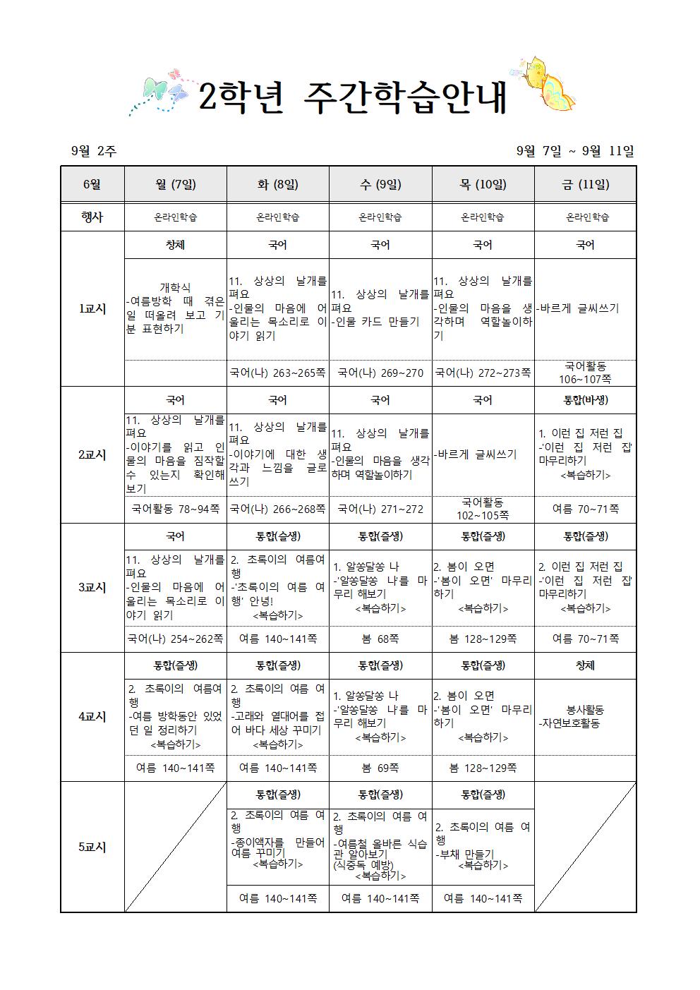 9월7일-9월11일 주간학습계획(2학년)001