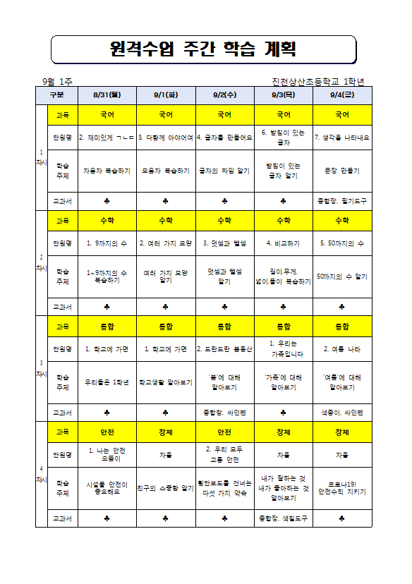 원격수업 주간 학습 계획(9월 1주)