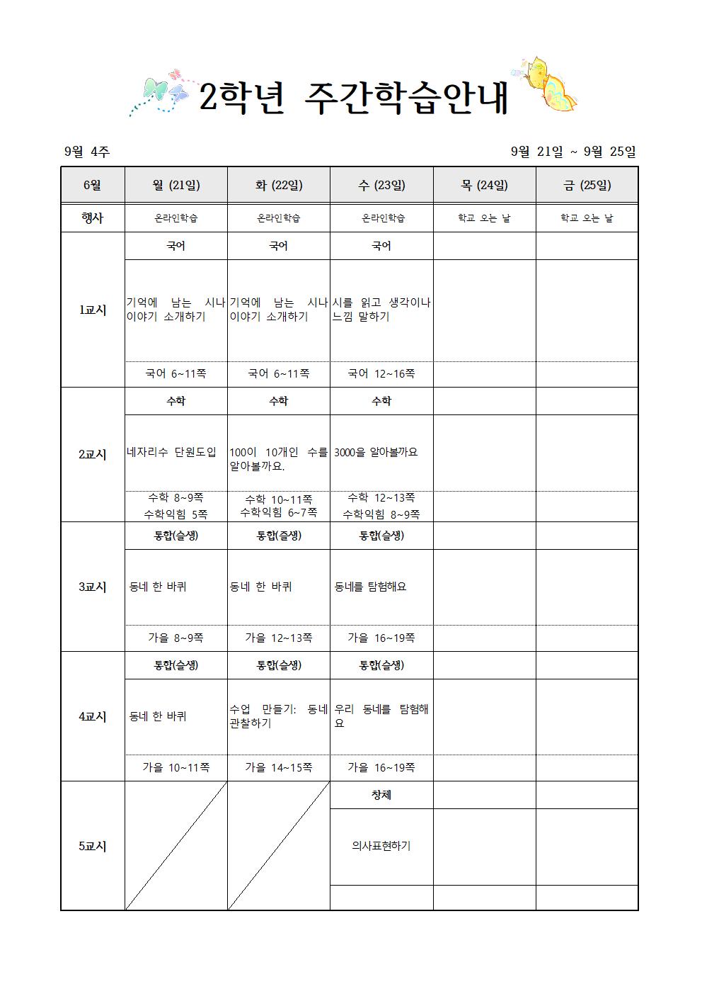 9월21일-9월25일 주간학습계획(2학년)001