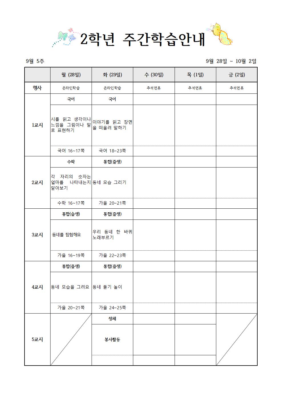 9월28일-10월2일 주간학습계획(2학년)001