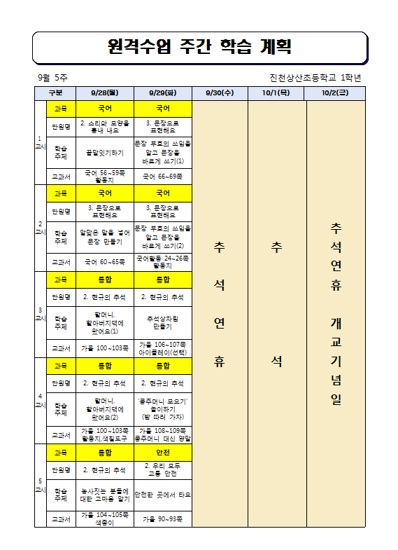 원격수업 주간 학습 계획(9월 5주)