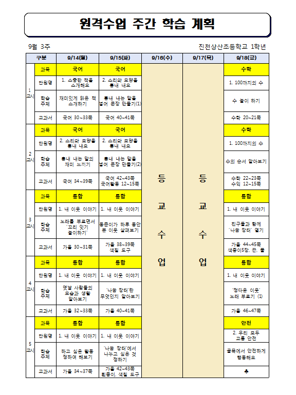 원격수업 주간 학습 계획(9월 3주)