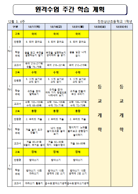 원격수업주간학습계획(12월 3,4주)