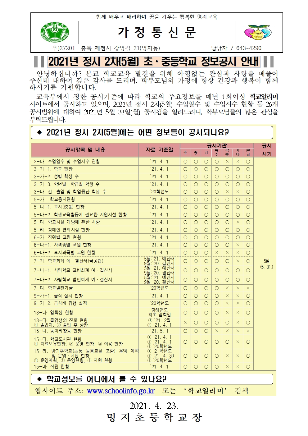2021년 정시 2차(5월) 초ㆍ중등학교 정보공시 안내 가정통신문001
