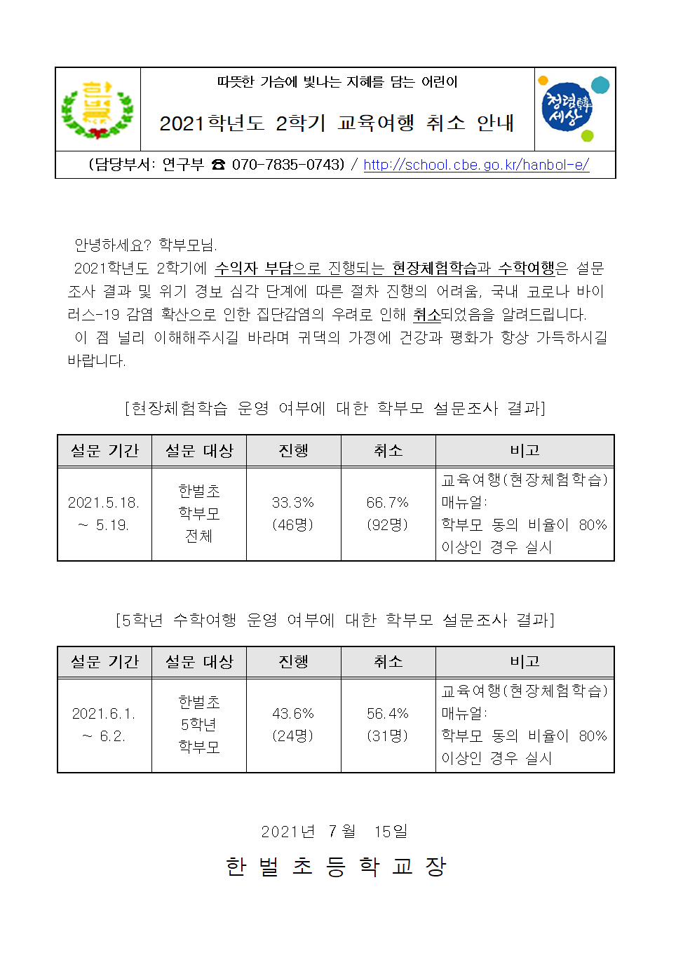 2021학년도 2학기 교육여행 취소 안내 가정통신문(이미지)