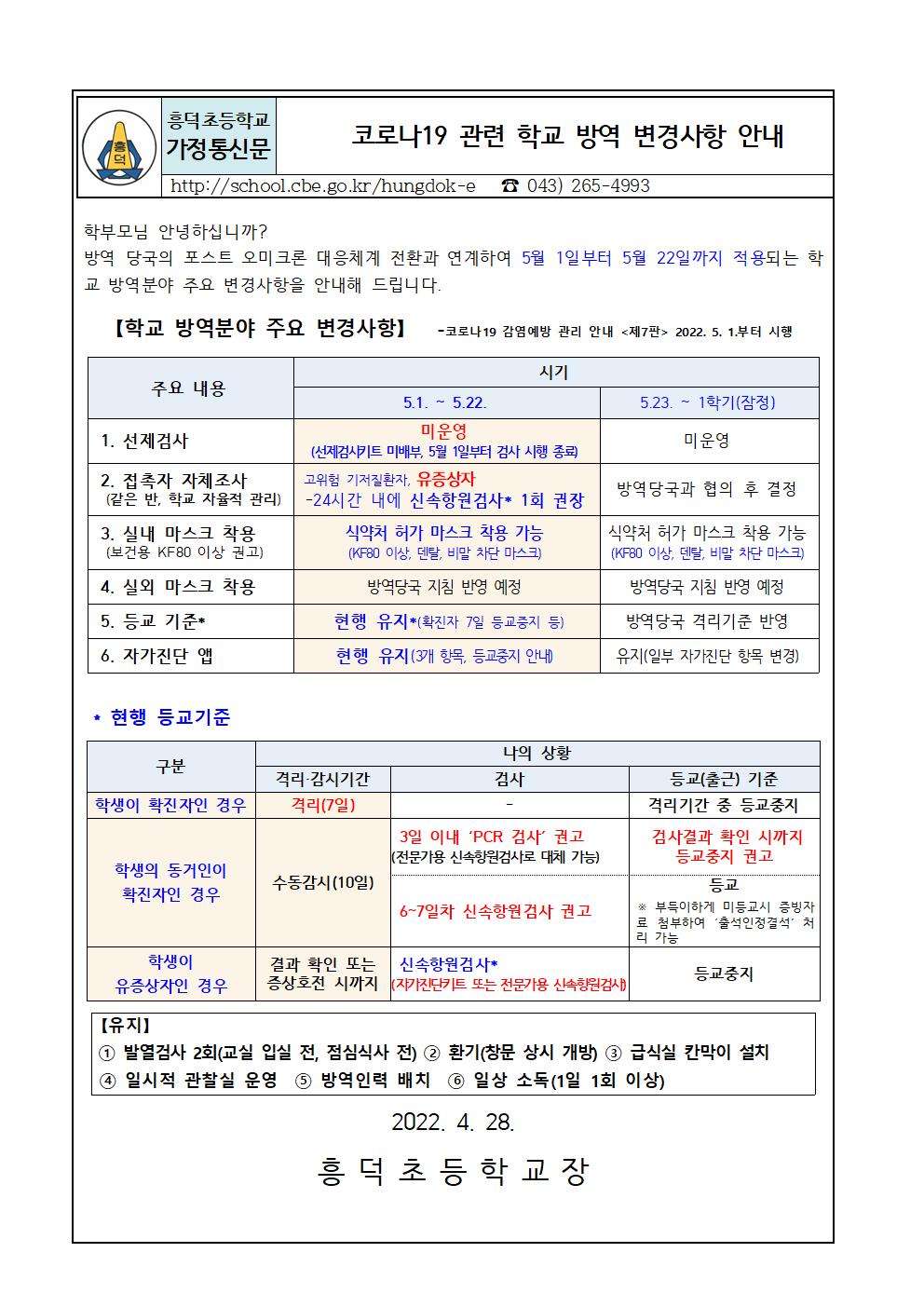 코로나19 관련 학교 방역 변경사항 안내문001