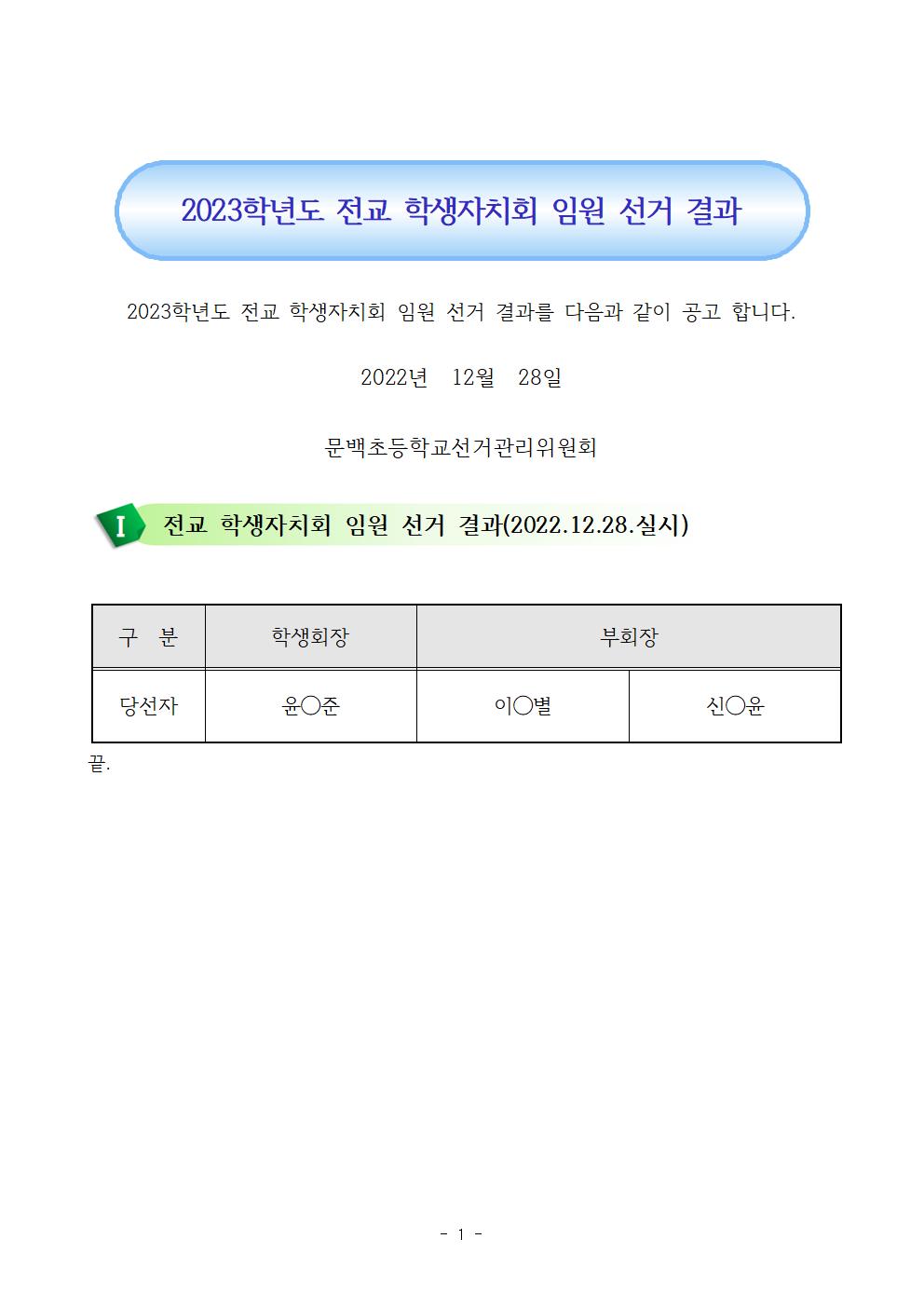 2023학년도 전교 학생자치회 임원 결과 공고문001