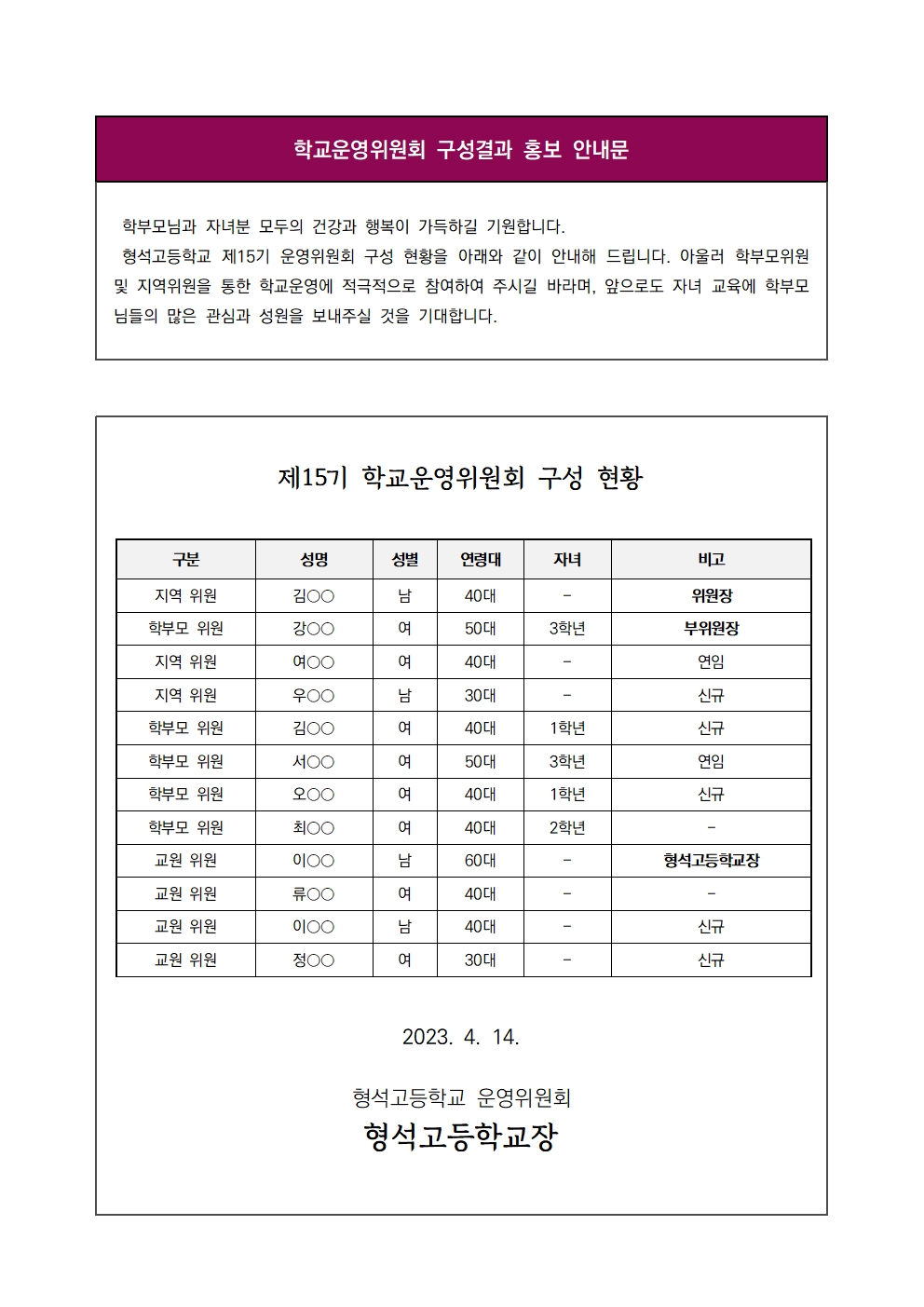 [형석고] 학교운영위원회 구성결과 홍보 안내문001