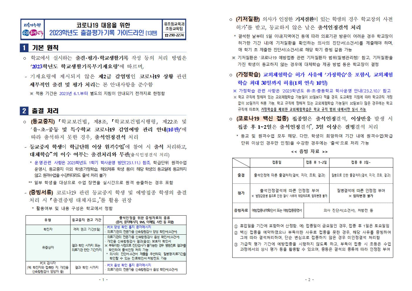 코로나19 대응을 위한 2023학년도 출결·평가·기록 가이드라인(13판)001