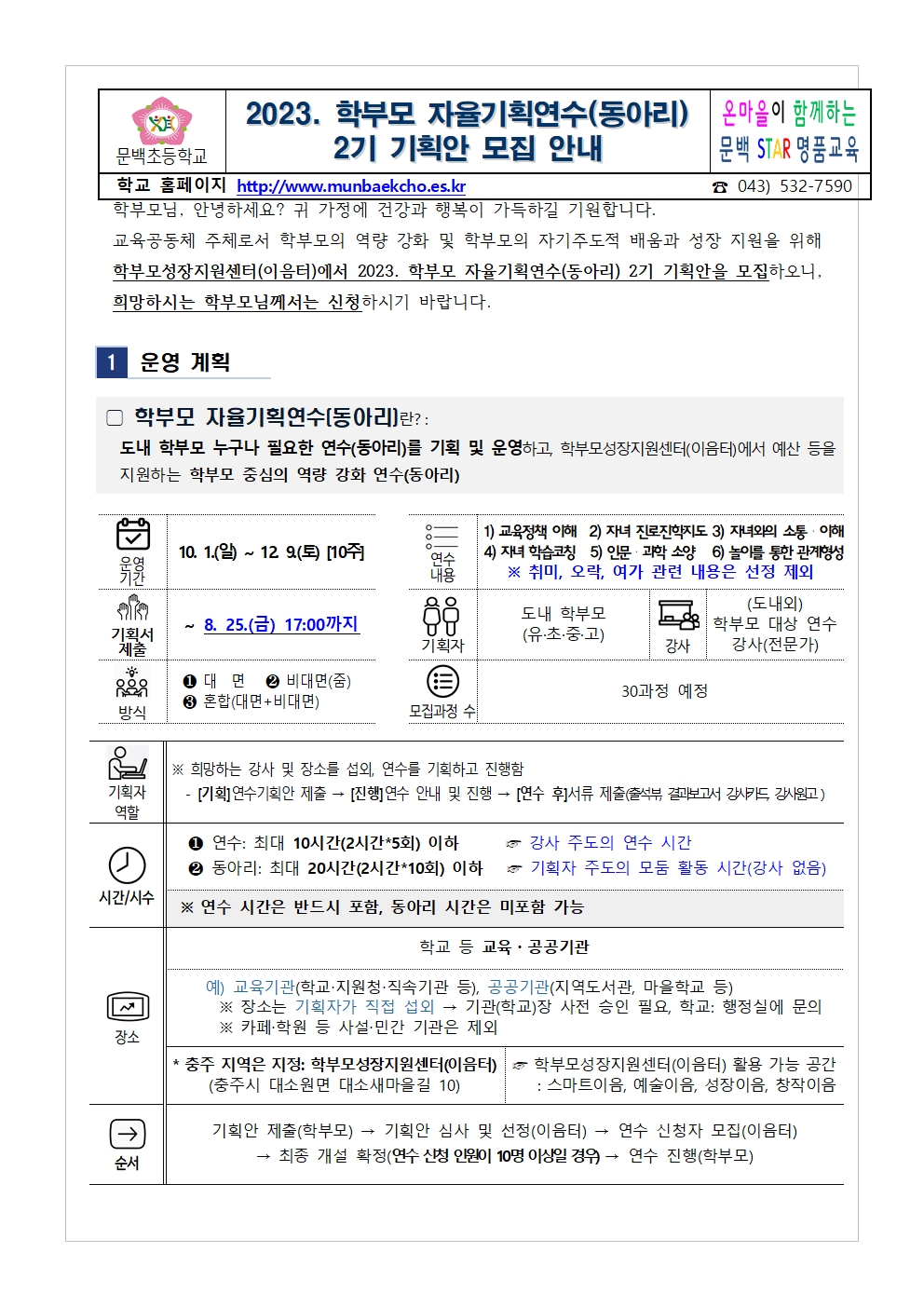 [가정통신문 예시] 2023.학부모 자율기획연수(동아리) 2기 기획안 모집 안내001