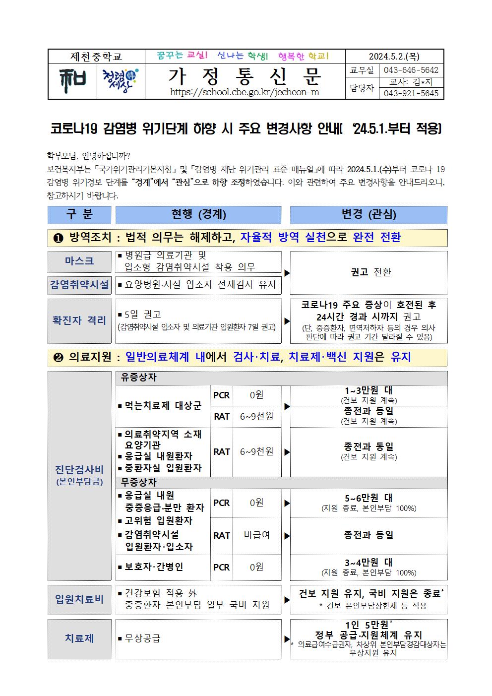 2024. 코로나19 감염병 위기단계 하향 시 주요 변경사항 안내 가정통신문001