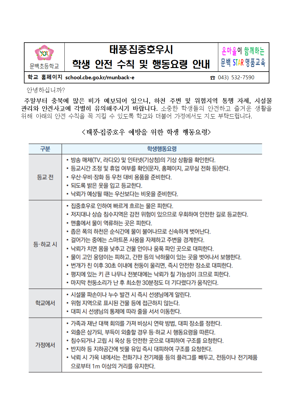 태풍 집중호우시 학생 안전 수칙 및 행동요령 안내001