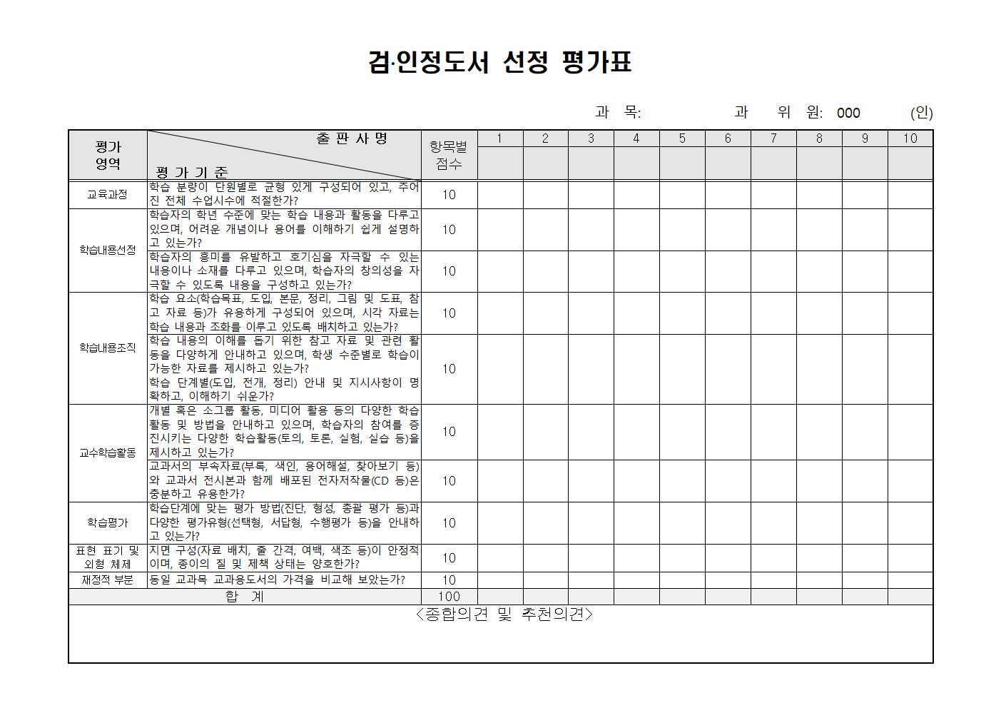 검·인정 교과용도서 선정 평가 기준표