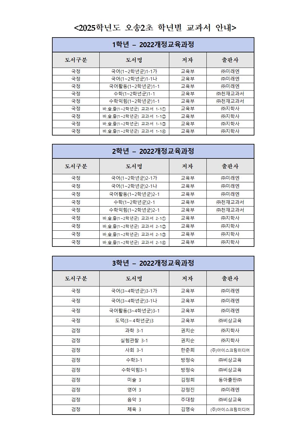 오송2초 2025학년도 교과서 안내001