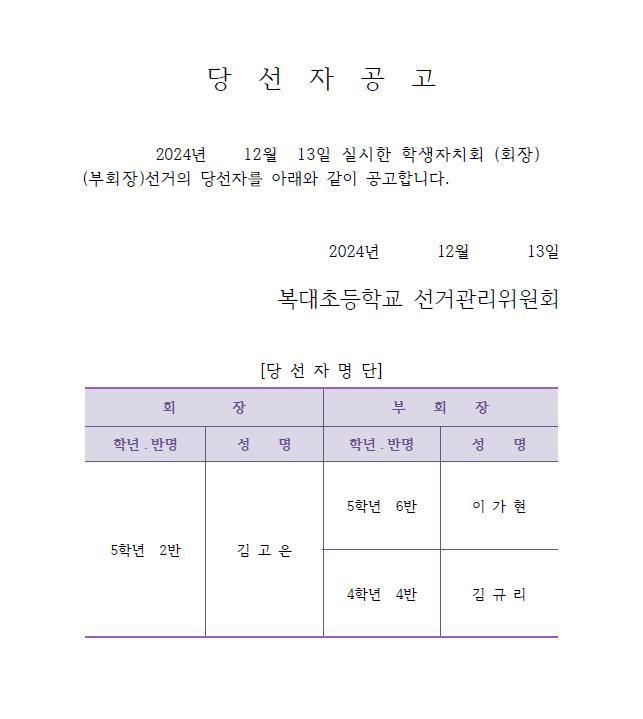 2025. 학생자치회 당선자 공고