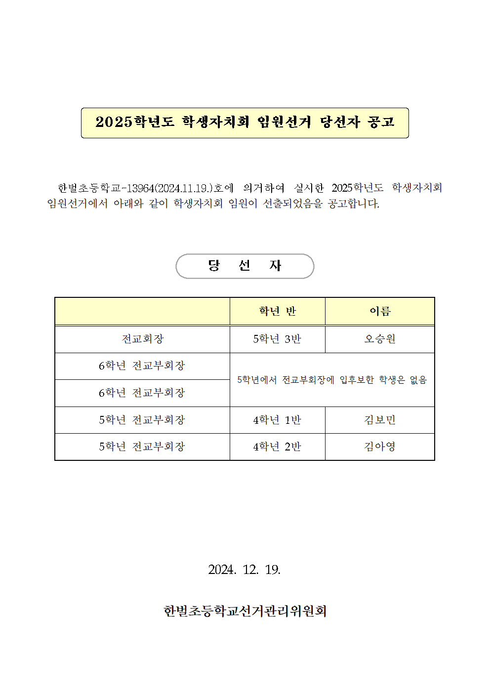 2025학년도 학생자치회 임원선거 당선자 공고문001