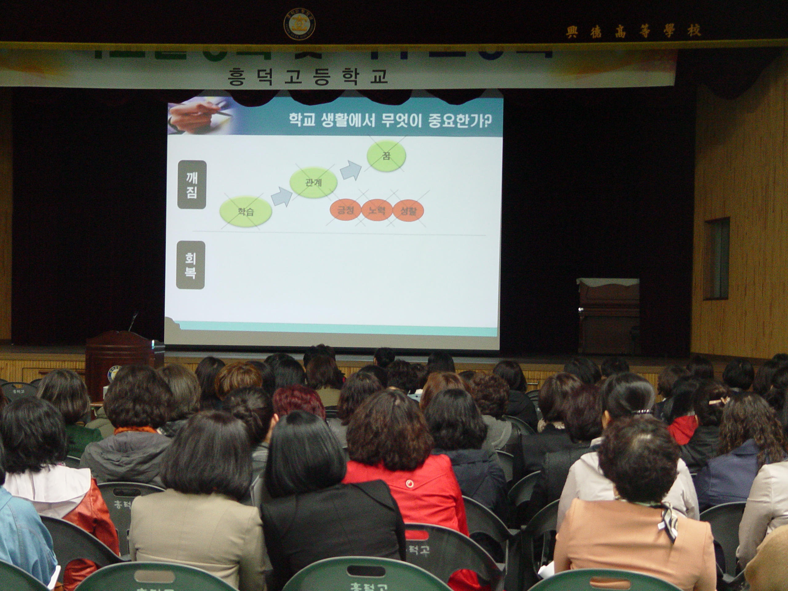 학교설명을 경청하는 학부님들