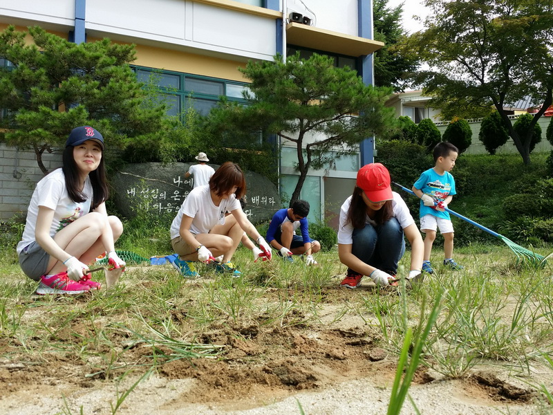 잡초를 제거하는 봉사단원들 모습