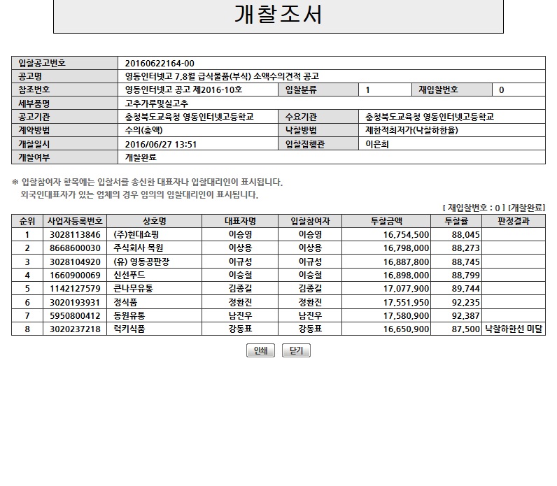 7,8월 부식 개찰조서