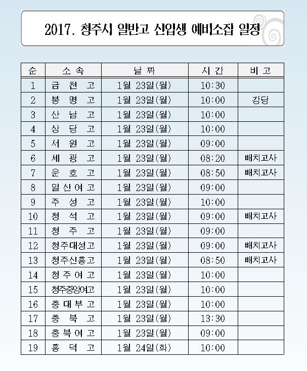 2017 청주시 일반고 신입생 예비소집 일정