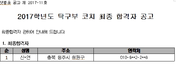 탁구부 코치 최종합격공고 합니다.