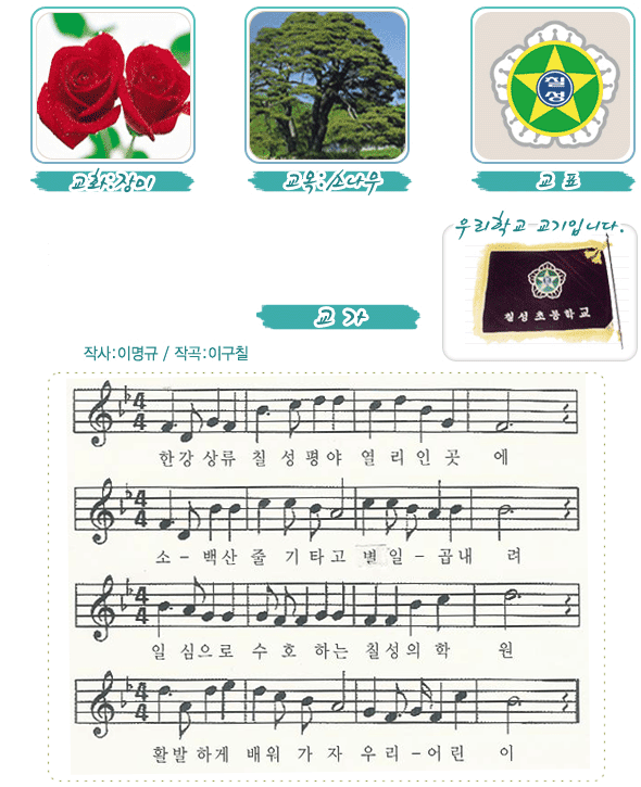 [왼쪽 상당부터]교화:장미,교목:소나무, 교표, 우리학교 교기, 교가 악보 이미지