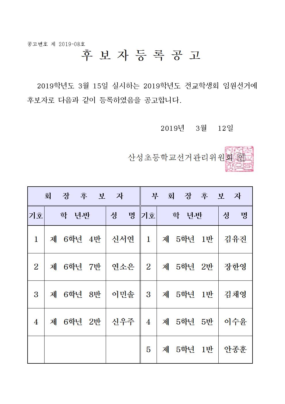 2019학년도 전교학생회 임원 선거 후보자등록 공고문