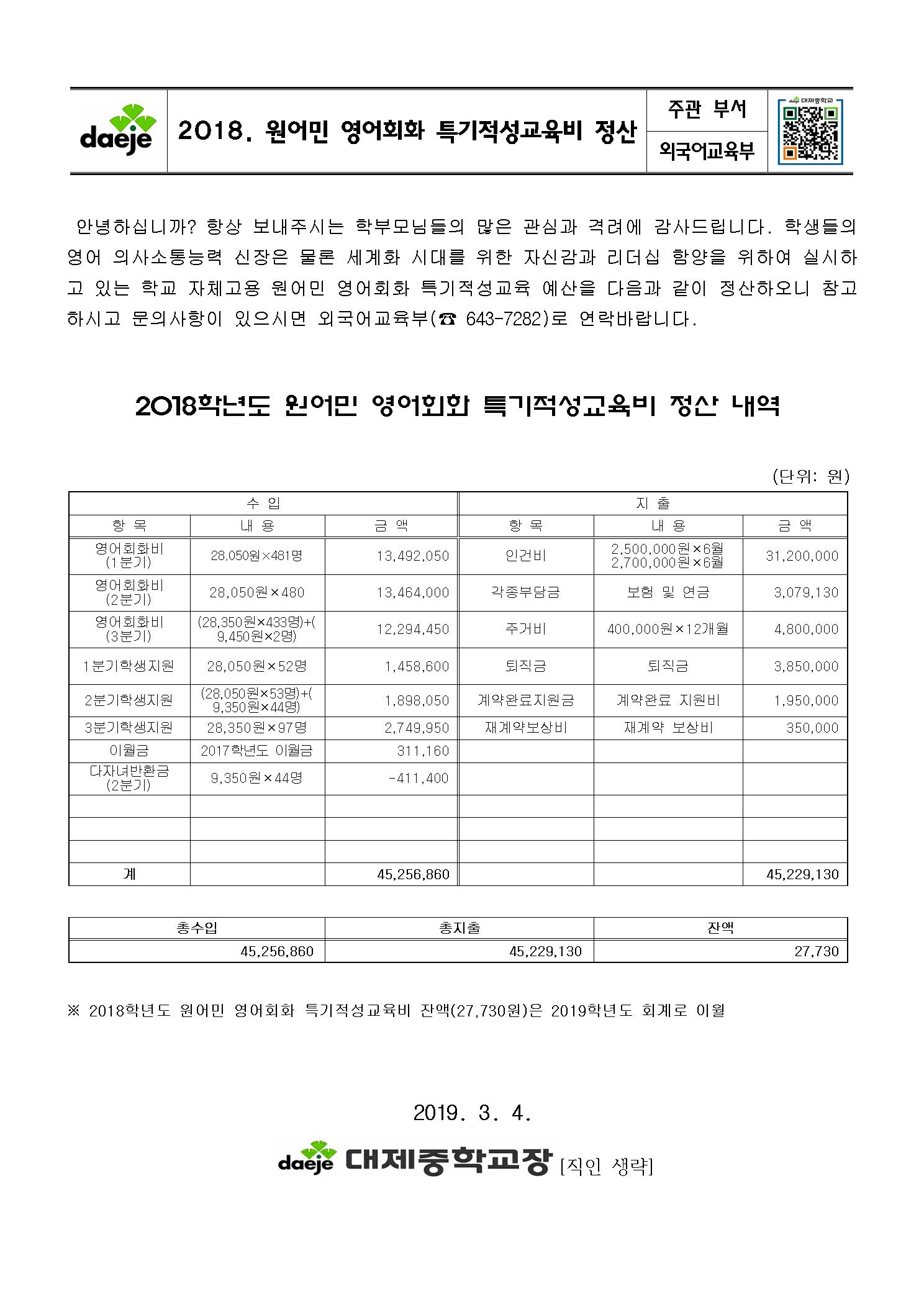 2018. 원어민 영어회화 특기적성교육비 정산 가정통신문