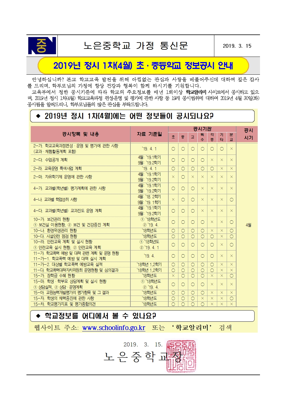 2019. 정시1차(4월) 초,중등 정고공시 안내 가정통신문(3.15)001