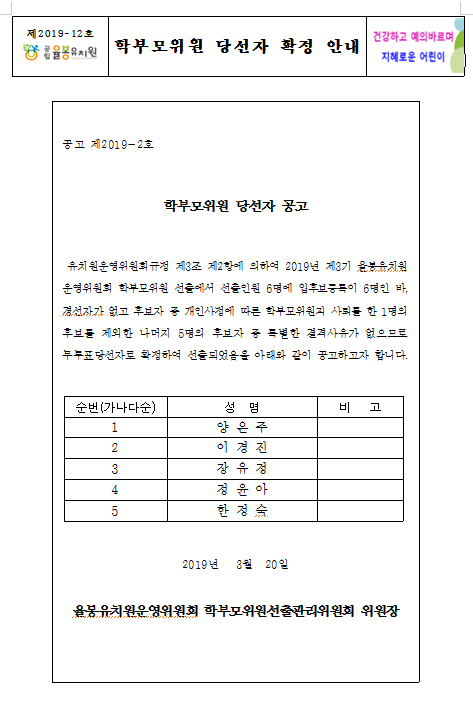 학부모위원 당선자 확정 안내