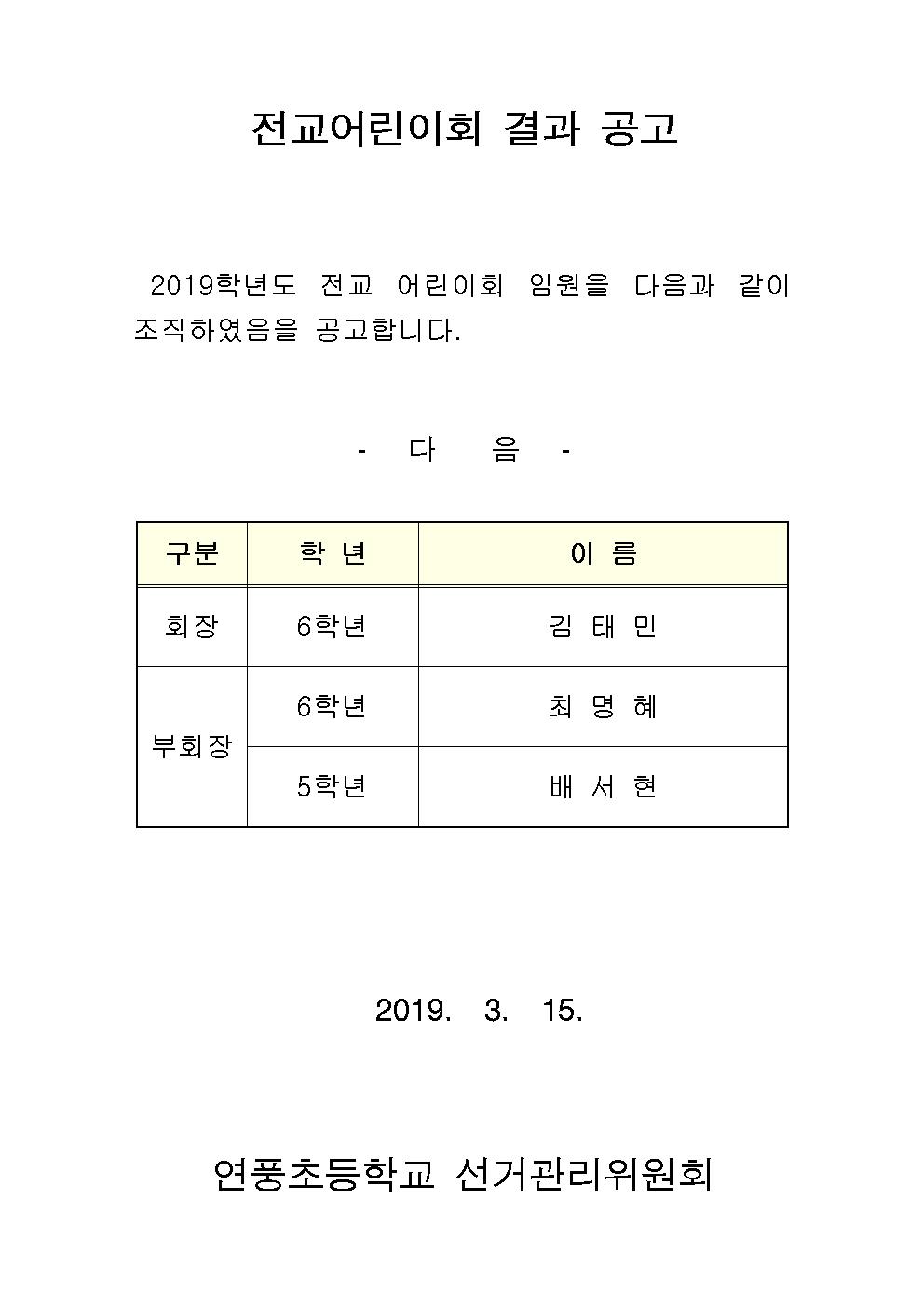 2019. 전교어린이회 선거 결과 공고001