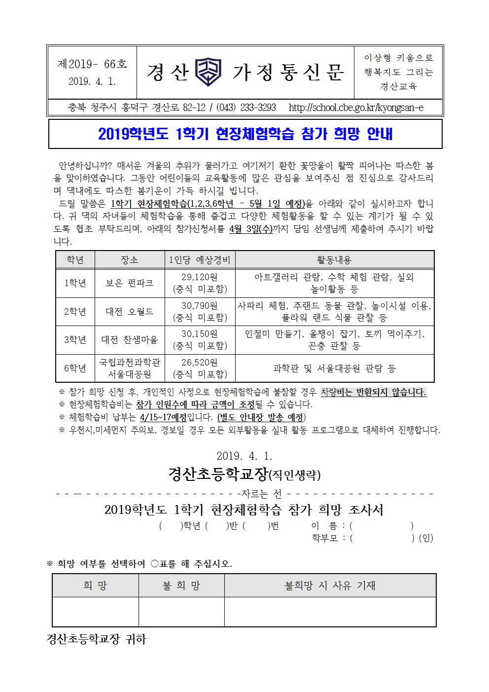 2019학년도 1학기 현장체험학습 참가 희망 안내장001