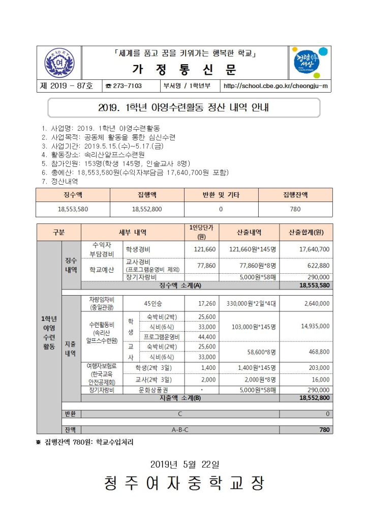 제2019-87호 2019. 1학년 야영수련활동 정산 내역 안내 가정통신문001