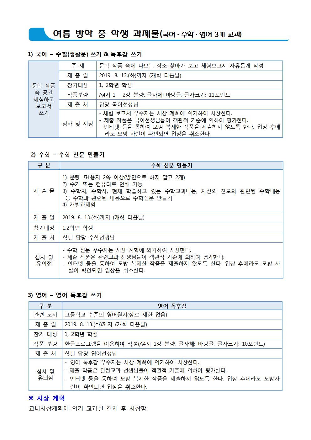 2019학년도 여름 방학 중 학생 과제물