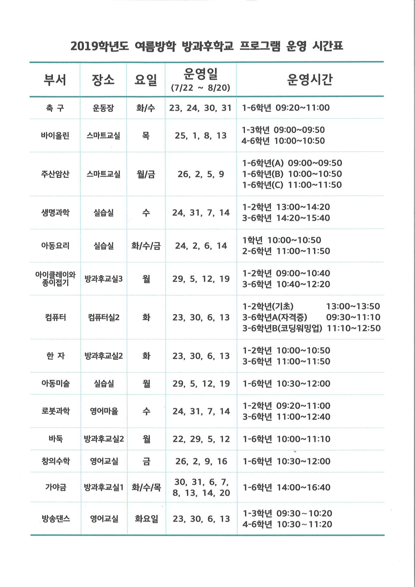 2019 여름방학 방과후학교 운영 시간표